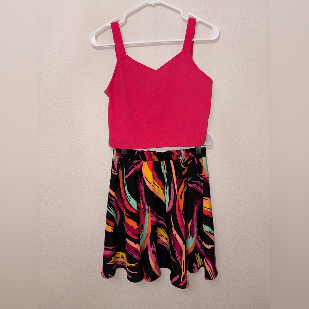 Shein Teen 2-Piece Outfit Pink Crop Tank & Colorful Print Skirt Set Size 16Y